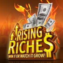 Rising Riches logo with flaming dollar bills and bold text.