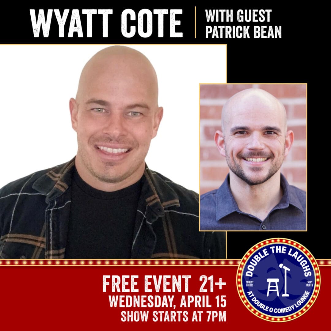 Two smiling bald men on comedy poster