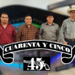 Four men posing with "Cuarenta y Cinco" logo.
